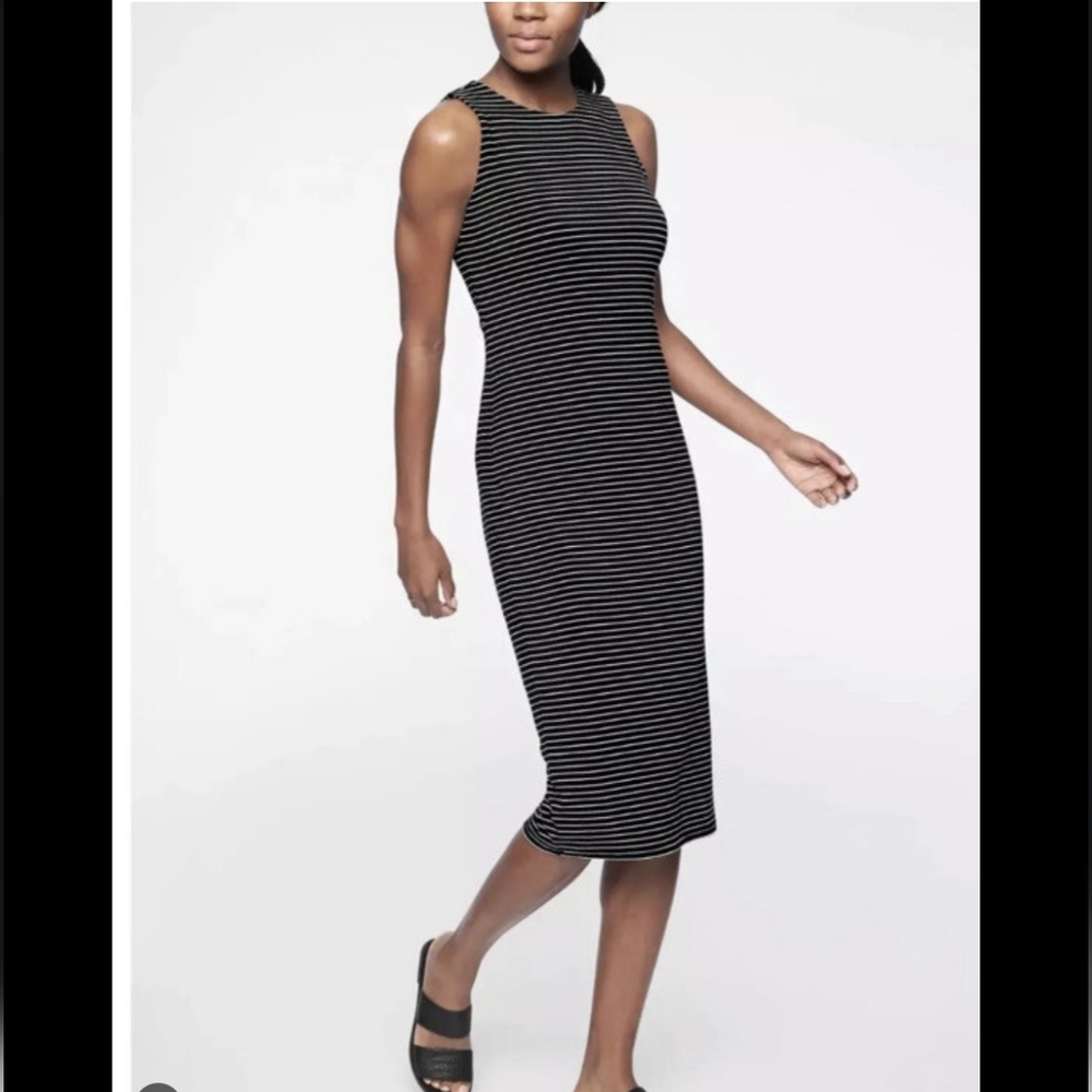 Athleta Black White Stripe Lenzing Modal Twist Back Midi Dress
